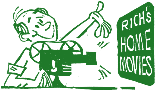 Bill Jackson linocut illustration of Rich's home movies